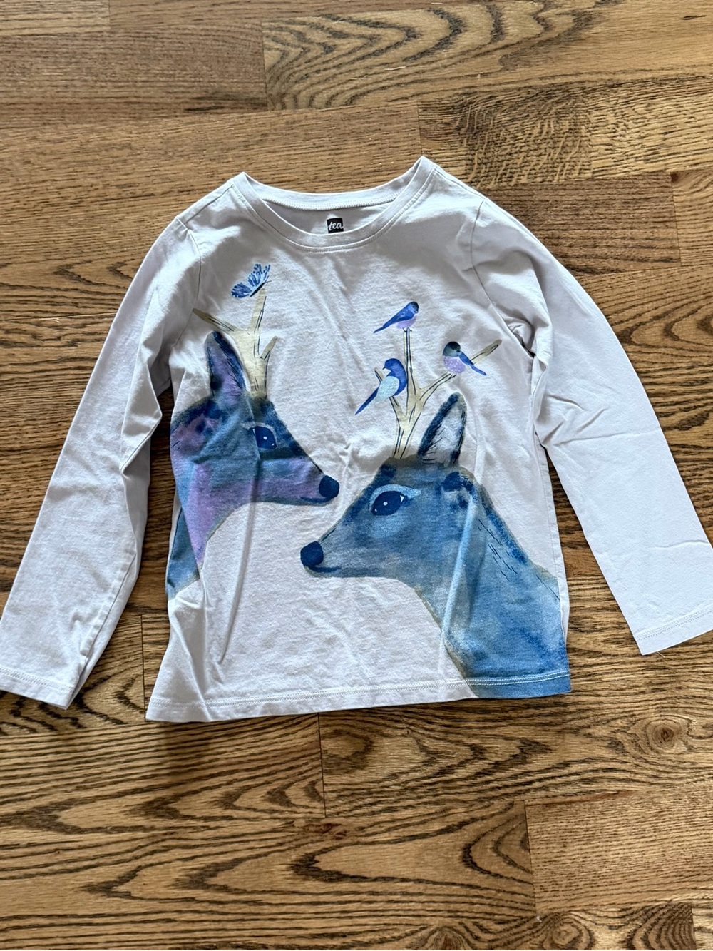Tea Collection White Long-Sleeve Tee with Blue Deer & Birds
